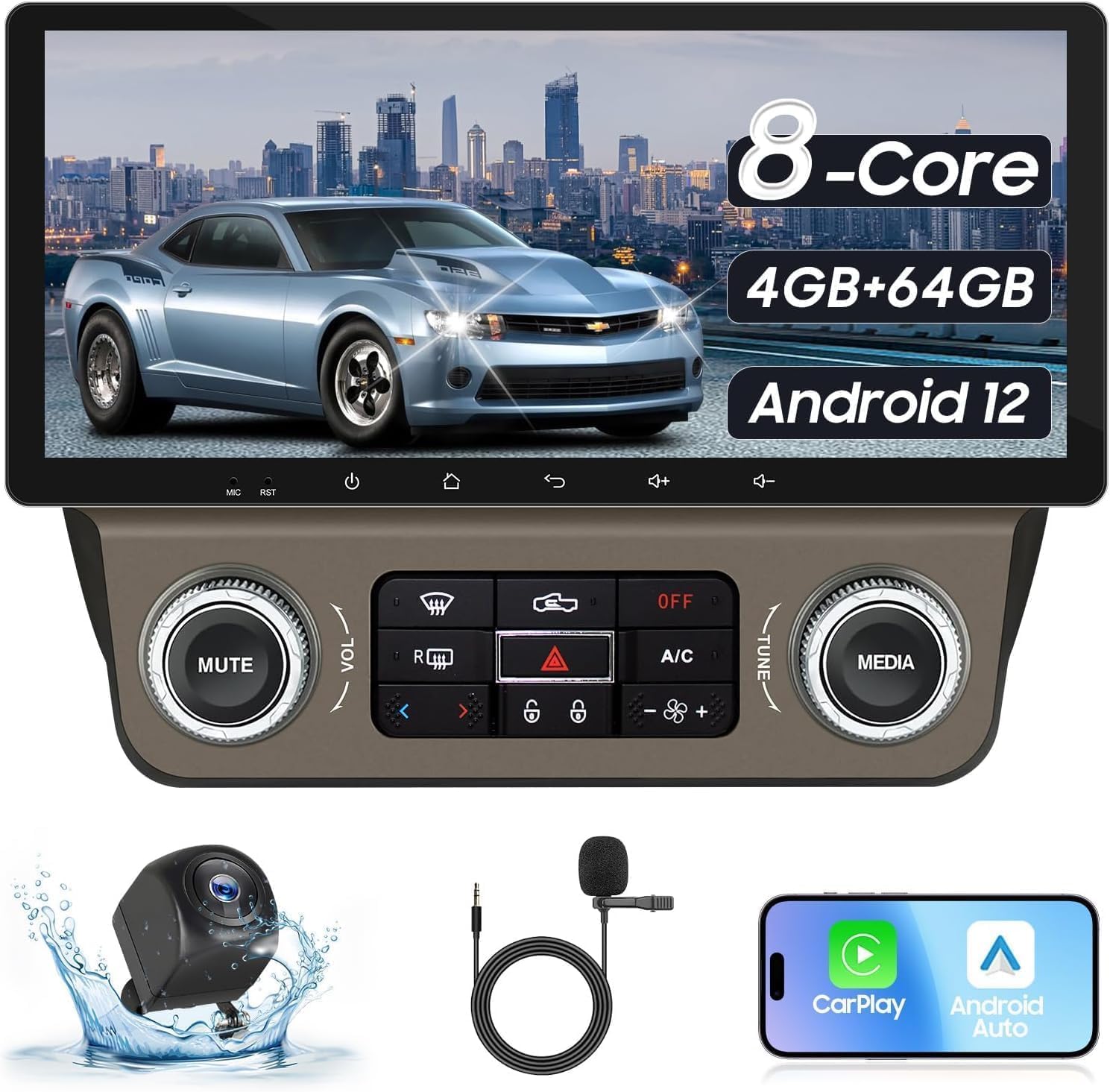 10.33 inch Car Stereo Radio for Chevy Camaro 2010 2011 2012 2013 2014 2015 with Offline Maps/Wireless CarPlay and Android Auto/4GB+64GB /WiFi/GPS/DSP/Bluetooth 5.0/Android12/1080P Rear Camera