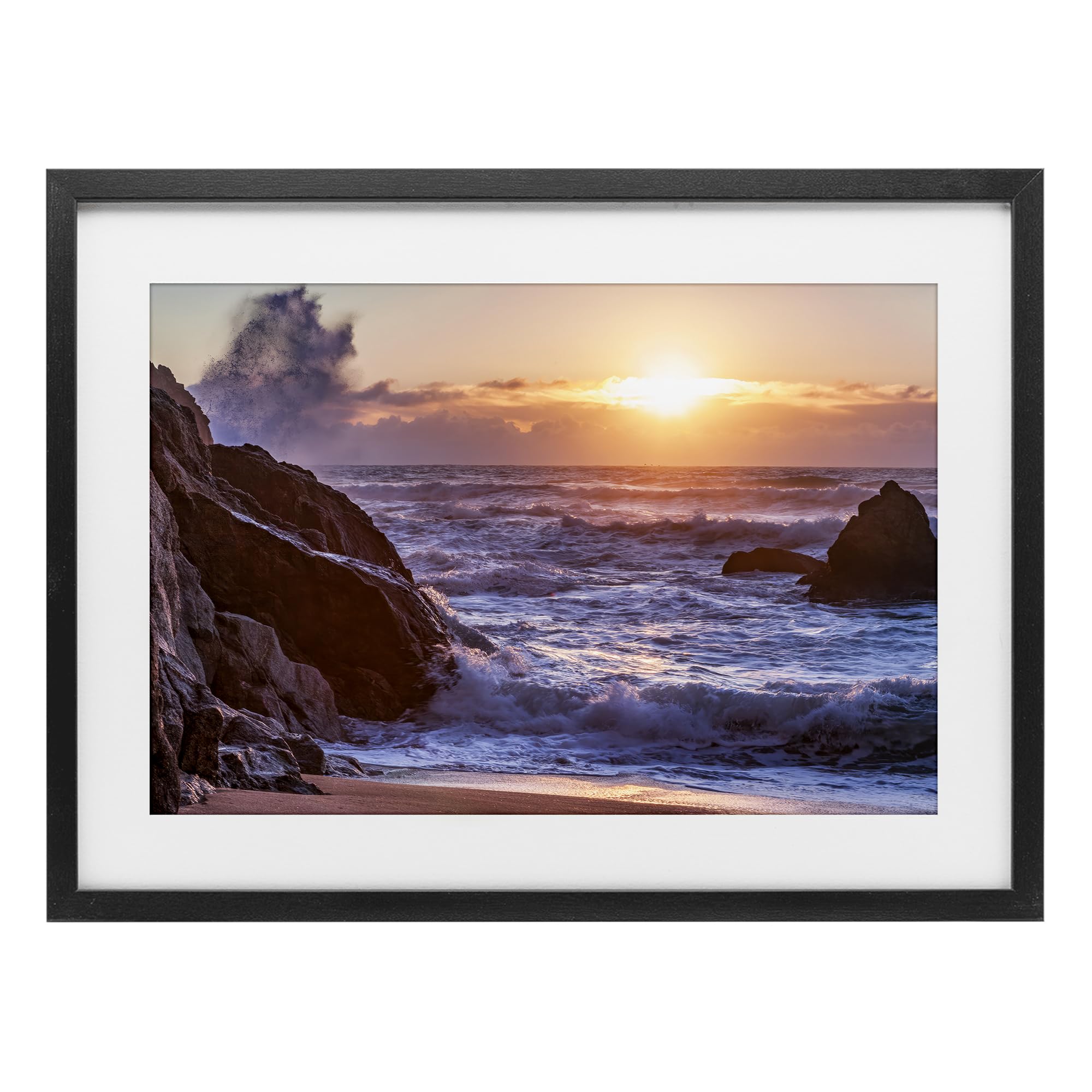 Stupell Industries Midnight Black (Textured) Rocky Shore Sunset Ocean Landscape, 17 X 23 Inch Framed Print Under Glass