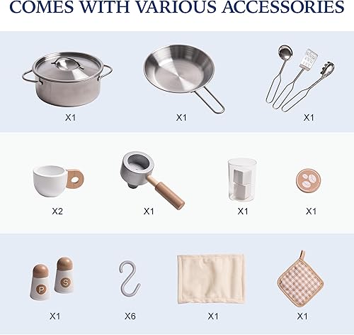 Miniatura 2 de ROBUD Juego de cocina de madera para niños y niños pequeños con máquina de café, máquina de hielo, microondas, horno, armario grande, 12 accesorios,