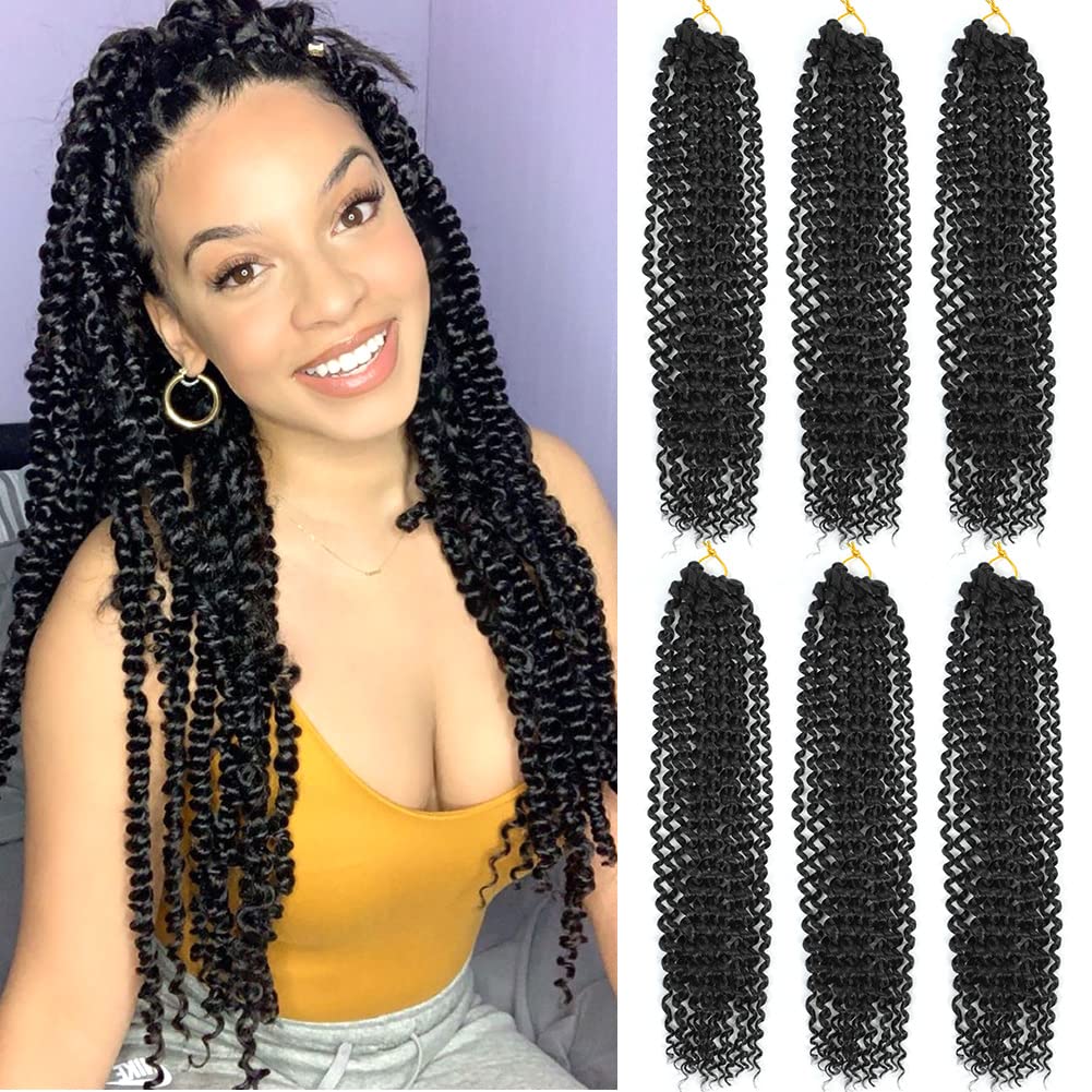 Passion Twist Hair 6 Packs Water Wave Crochet Hair for Black Women, 16 Inch Long Bohemian Passion Twist Crochet Braiding Hair Synthetic Crochet Braids Hair Extension(16Inch,1B)