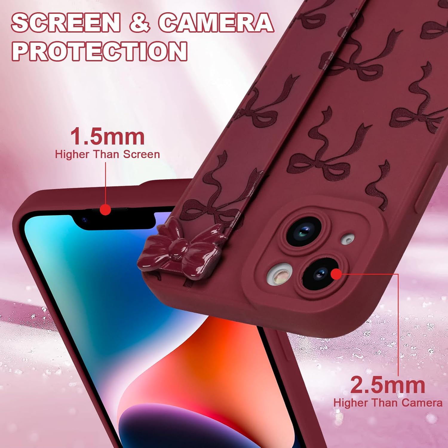 OOK Case for iPhone 14 Plus Case with Screen Protector, Cute Bow Design with Adjustable Wristband Strap Kickstand Slim Soft TPU Rubber for Women Girls Phone Cover-Wine Red - Image 4