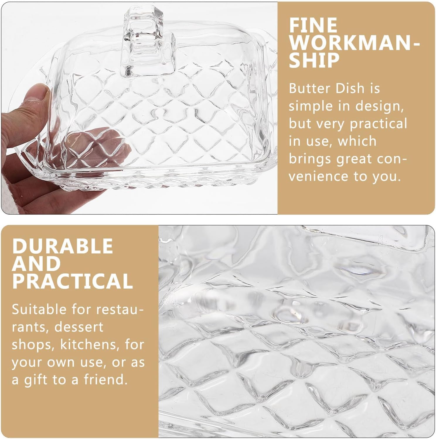 Uonlytech Glass Covered Butter Dish for Kitchen and Fridge Transparent High-grade Glass Butter Tray with Lid Cheese Storage Box Elegant for Countertop Organization