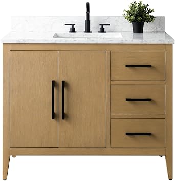 Vanity Art 42 inch Bathroom Vanity with Single Sink & Ceramic Top, Vanity Cabinet with Soft-Closing Doors, Drawers, Solid Wood Frame, Natural Oak, Matte Black Handware