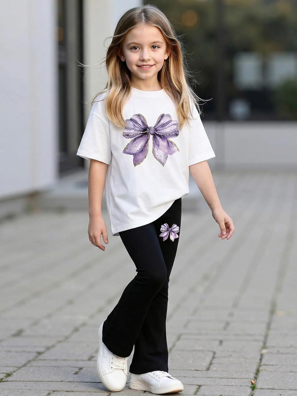 Tween Girls 2PCS Outfit Set 4-12Y Crop Top & Flare Pants with Bowknot Print Casual Girl Clothes for Teen Girls. (White and Purple Flared Pants, 10Y)