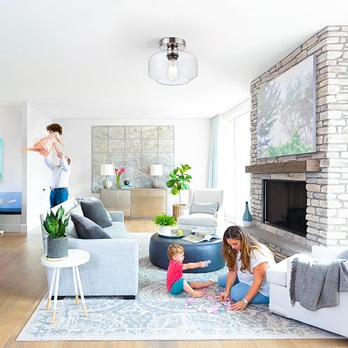 Miniatura 2 de Luces de techo semiempotradas simples y elegantes de vidrio transparente, base de metal de níquel cepillado, incluye bombilla LED de 900 lúmenes