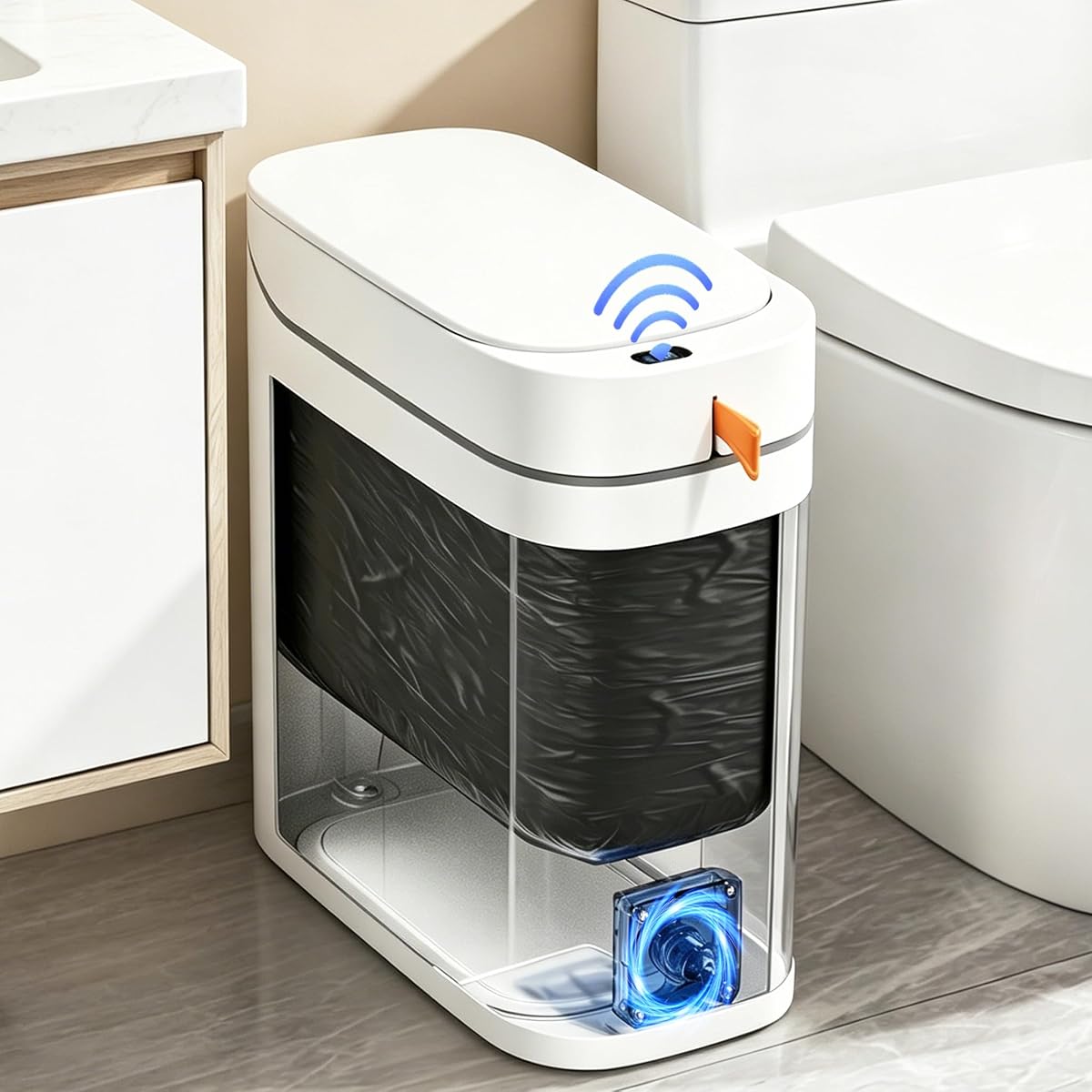 Bathroom Trash Can with Lid, 3.5 Gallon Small Automatic Motion Sensor Garbage Bin with Auto Bag Suction & One-Pull Self Sealing, Slim Smart Touchless Waste Basket for Bedroom, Office, Kitchen, Rv