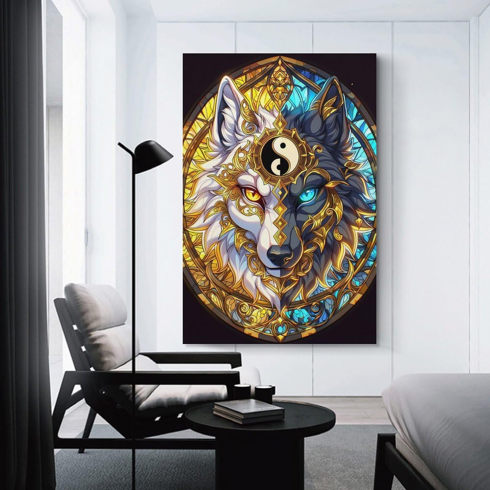 Junmoney Unframe-Style-19 Canvas Wall Decor Yin Yang Wolf Stained Glass, 08X12inch(20X30cm), For Home Lounge, Bedroom Or Reading Nook, Eye Catching Artwork For Blank Walls