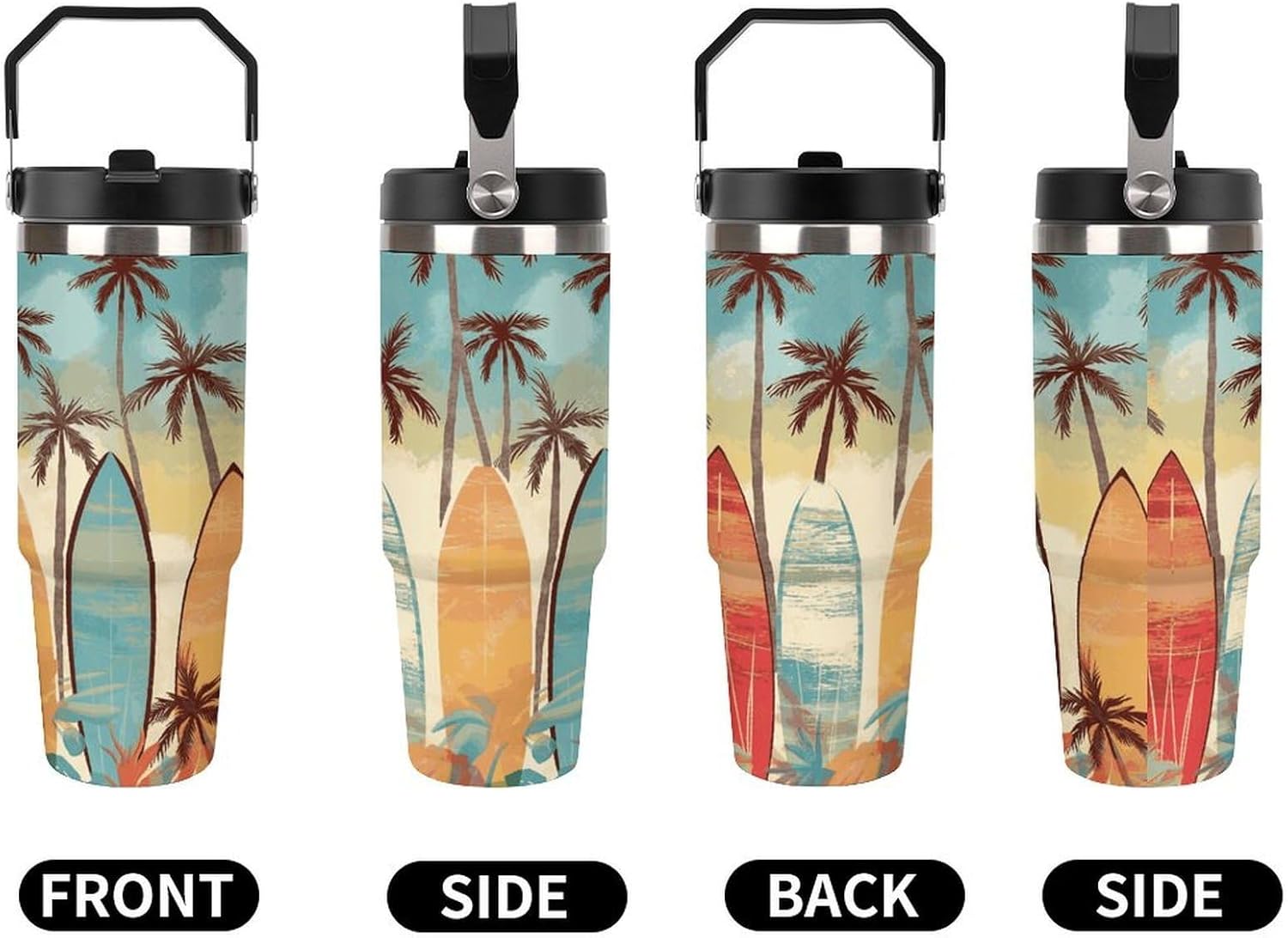 Surfboard Palm Tree Water Bottle 30 Oz Fits Car Cup Holder,Insulated Coffee Mug Large Capacity Car Cups,Stainless Steel Double Wall Sport Bottle for Travel Sports Gym