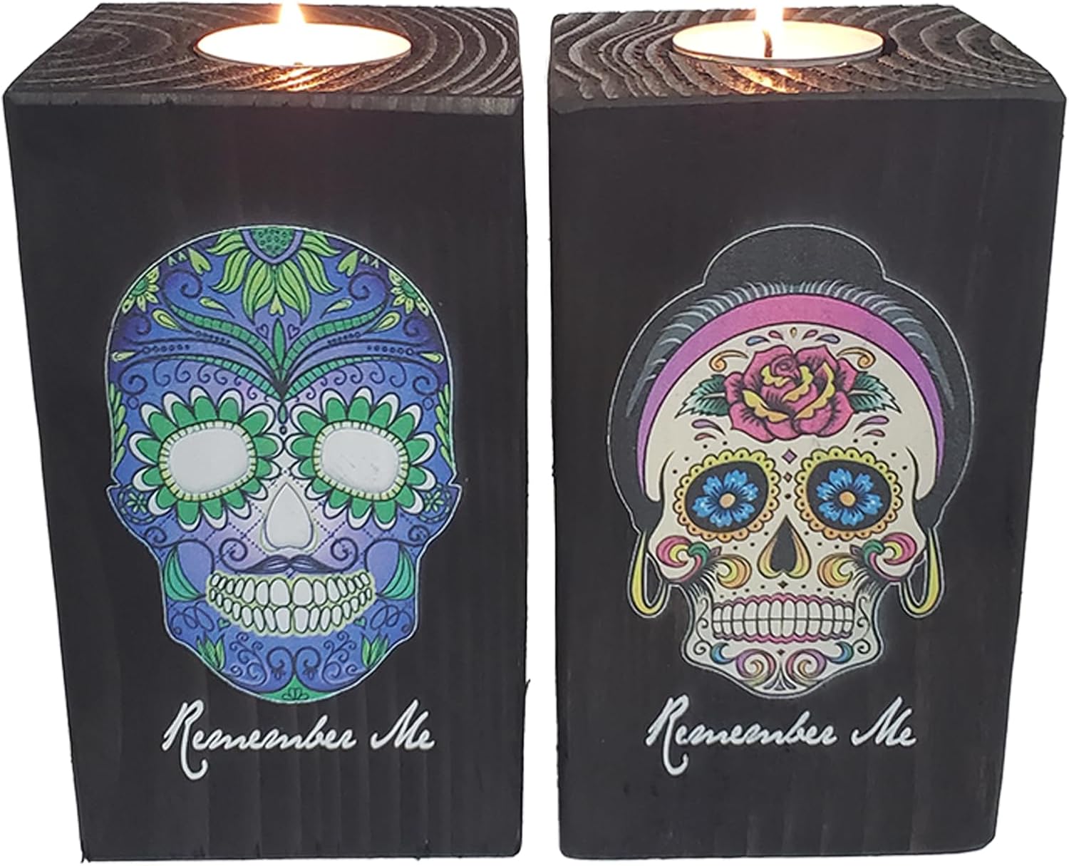 Remember Me Celebration Candle Holders for Day of The Dead Set of Two Blue with Green Skull and Pink Rose Skull - Dia De Los Muertos - Printed in Full Color, 6 Inches Tall