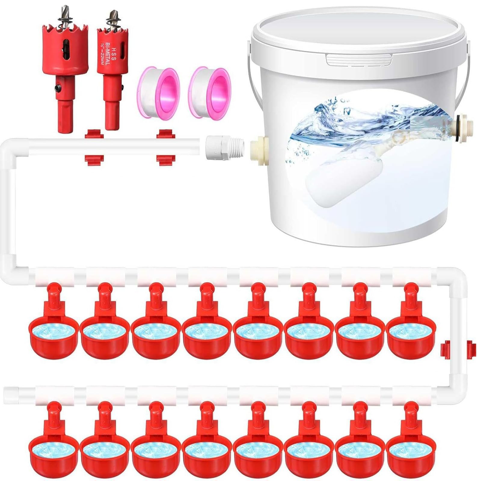 Moderna unità di acqua potabile per pollame, con 16 contenitori e doppi controlli galleggianti per diversi uccelli, facile da installare