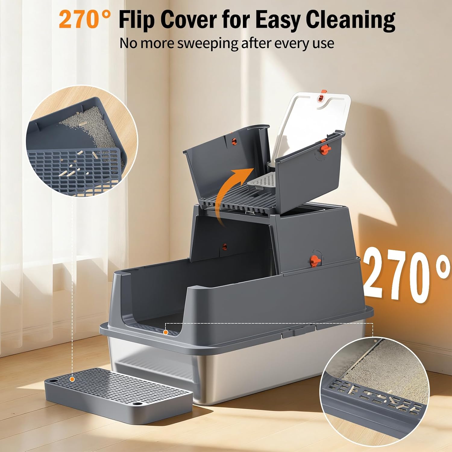 Stainless Steel Litter Box with Lid, Front Entry Top Exit Enclosed Metal Litter Box, Extra Large Flip-Top Kitty Litter Pan with Scoop & Pedal, Odor Control, Odor Free, Grey
