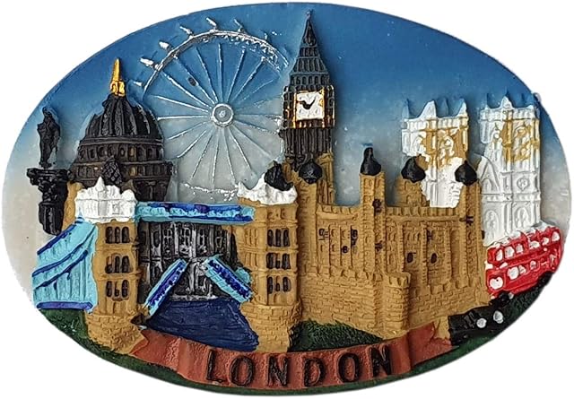London Icons Oval Clay Ceramic Fridge Magnet - St. Paul's Cathedral - Tower Bridge - Westminster Abbey - Big Ben - Eye - Red Double Decker Bus - Black Hackney Cab Taxi - England UK British Souvenir