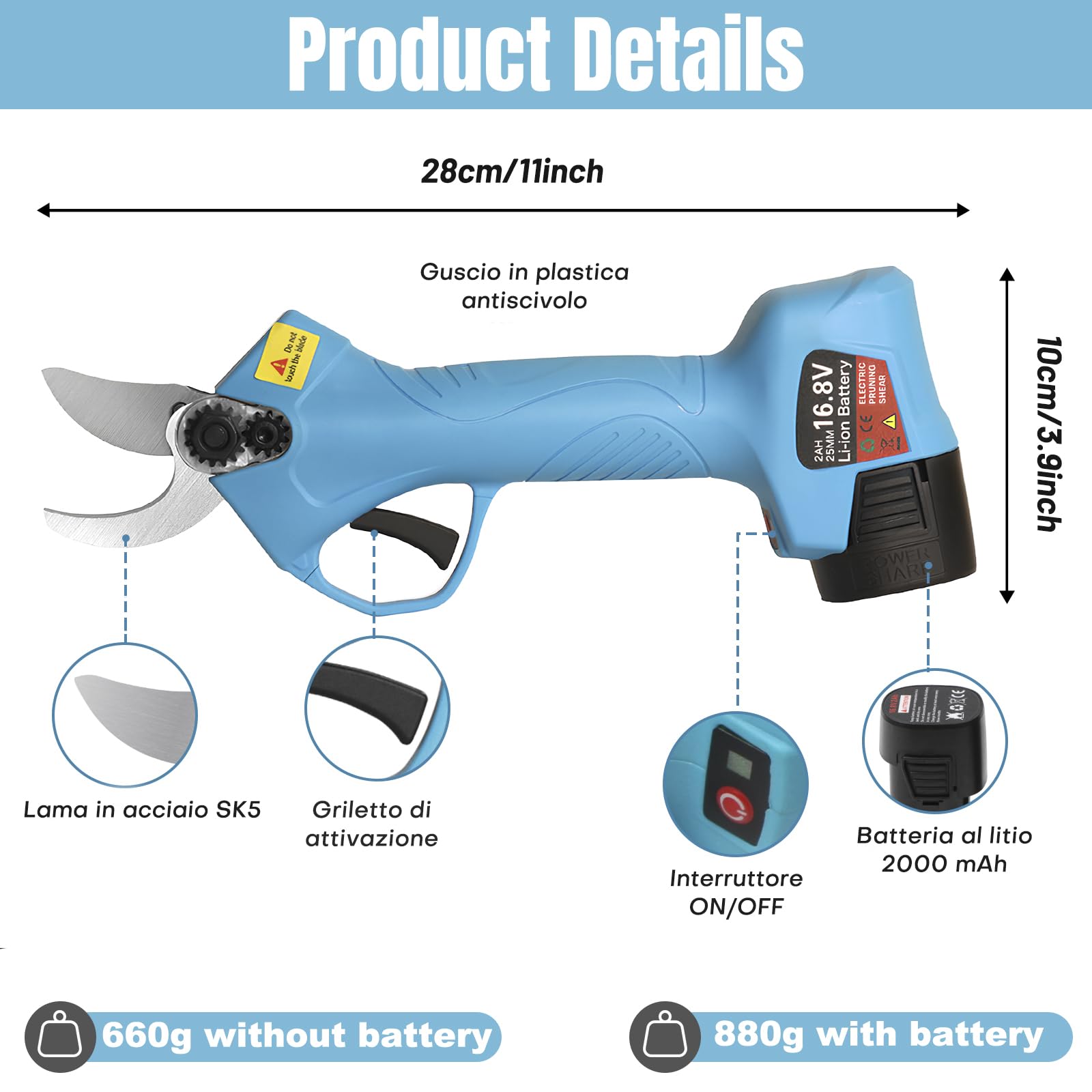 Eachbid Cesoie Elettriche per Potatura Forbice Potatura a Batteria Ricaricabile Forbici Elettriche Professionale Resistente 25mm 16.8V (Azzurro)