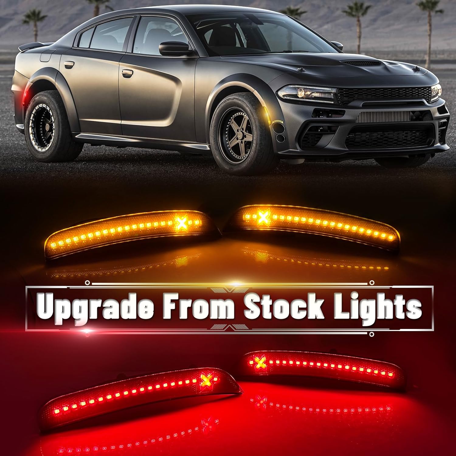Bestview Xstyle Amber Red LED Side Marker Lights [Patent Pending] for Dodge Charger 2015-2023, Smoke Lens Front&Rear Bumper Reflector Turn Signal Lamp Assembly Kit accessories,Pack of 4