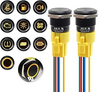 FILN 2PCS 19mm (3/4'') Latching Push Button Switch Latching 12V 24V DC On-Off with LED Symbol Head for Mounting Hole 1NO1NC with Wire Socket Plug(Yellow)