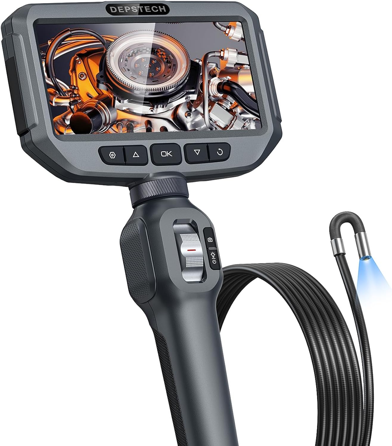 Two-Way Articulating Borescope, DEPSTECH 0.23in Articulated Endoscope Camera with Light, 5-inch IPS Snake Inspection Camera, Flexible Automotive, Mechanics, Plumbing Tools for Men-4.92FT