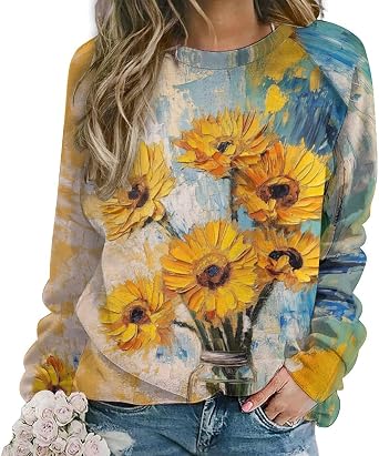 Vintage Flower Sweatshirt for Women Boho Floral Long Sleeve Crewneck Pullover Daisy Graphic Fall Shirt Casual Clothes