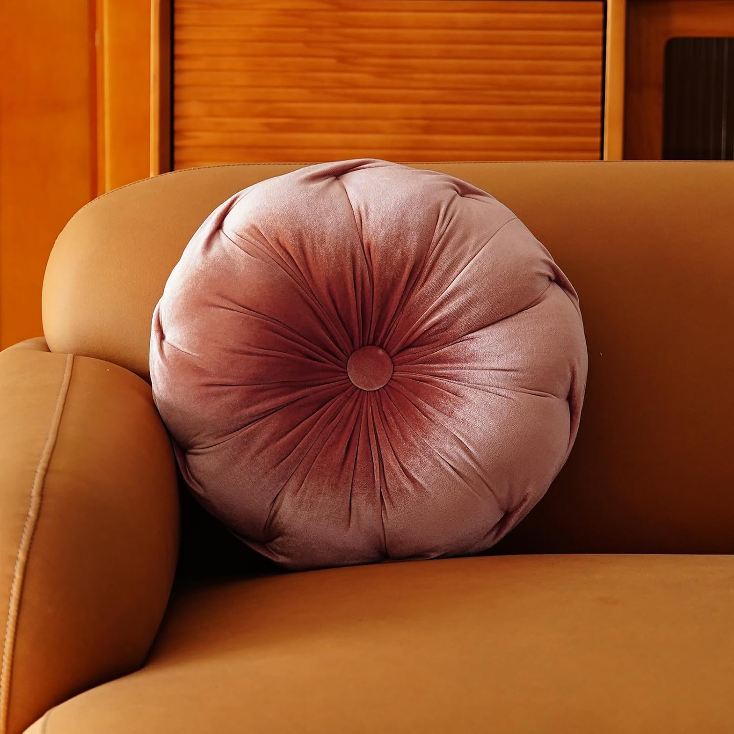ARTMAGIC Round Floral Throw Pillow Velvet Decorative Pillows, Coral Pink | 13.7", Soft Velvet, Round Flower Shape, Pleated Tufted Center, Cute Boho Accent, Couch, Bed, Chair, Dorm Decor