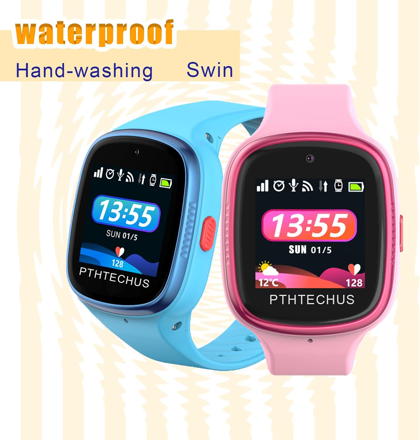 Dos relojes inteligentes para niños PTHTECHUS 4G, uno azul y otro rosa, con un ícono de rayo, que indica 72 horas de duración de batería en espera.