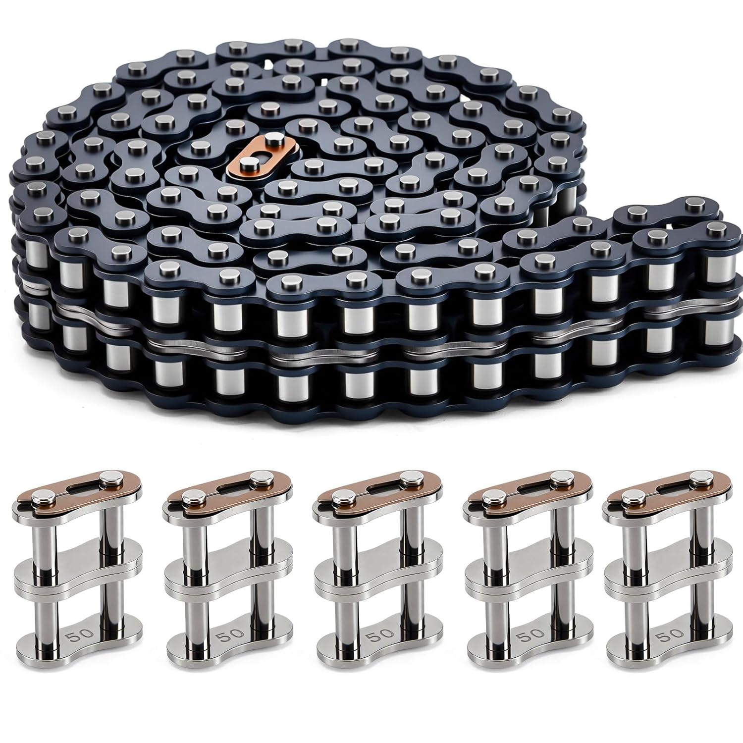 50-2 Roller Chain Double Strand Duplex 10 Feet with 5 Connecting Link for Gate Openers Machine Equipment