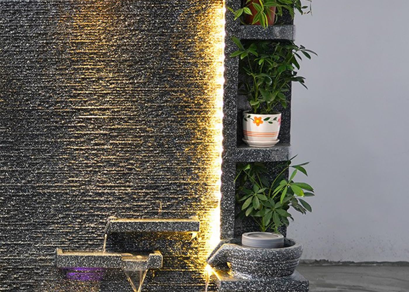 Elegant Stone Waterfall Fountain with LED Lights and Planter Shelves – Dual Sides for Indoor and Outdoor Zen Garden Decoration, 63 inch-79 inch Height Options(C+Beige)