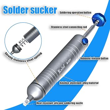 Kaisi Solder Sucker No Clog Desoldering Pump with Powerful Vacuum Suction | Replaceable Heat Resistant Silicone Tube for Cooperate Soldering and Desolder Gun Iron Tool Conduct Solder Removing
