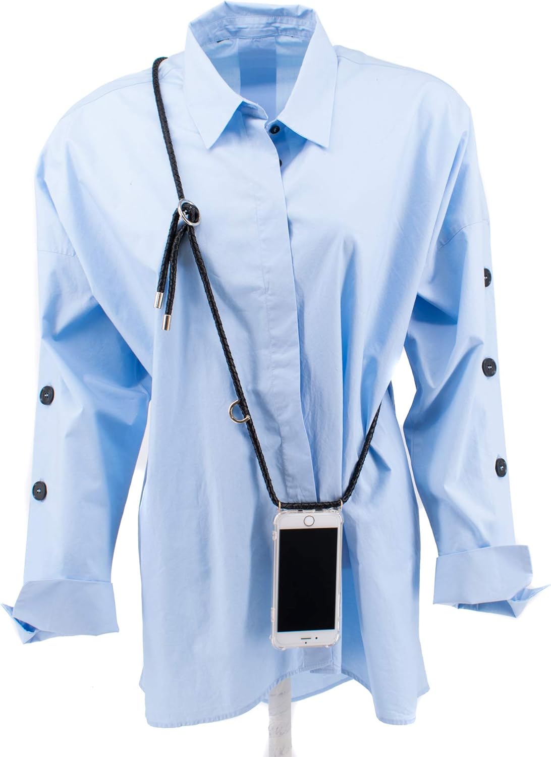 Blee-s/Irene/Black Leather Handknitted Shoulder Strap/Neck Lanyard with Shockproof Transparrent TPU Phone Case (Compatible with iPhone 7Plus / iPhone 8Plus) (Gold Accessories)