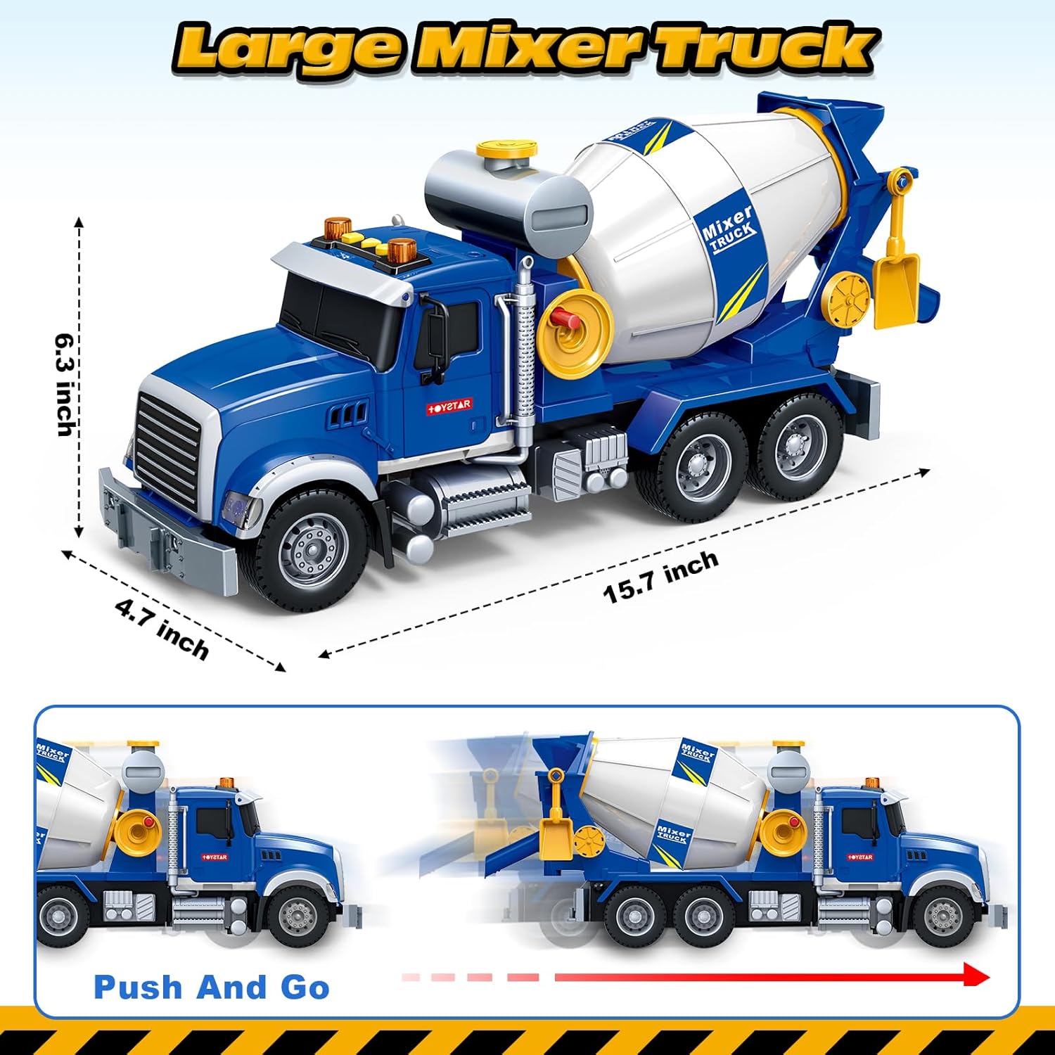 Bstoyder Kids Toys for 3 4 5 6 7 8 Years Old Boys, 15" Large Cement Mixer Truck Toy with Lights, Sounds, Blue Toddler Friction Powered Truck Vehicle Toy for Boys Girls Christmas Birthday Gifts
