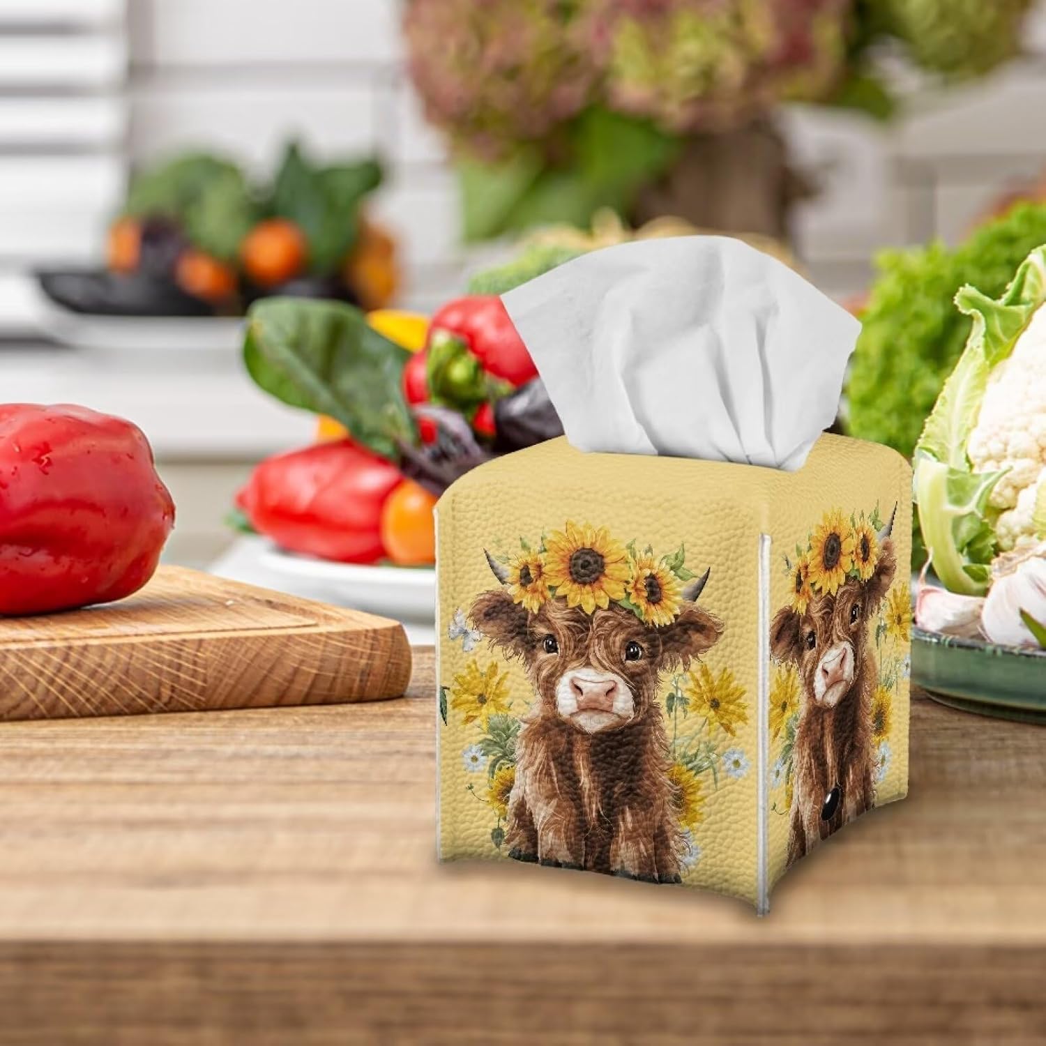 Sunflower Cow Tissue Box Cover Square, Leather Novelty Cube Box Holder Facial Paper Case Modern Table Napkin Organizer Home Decoration Highland Cow Western Yellow image 5