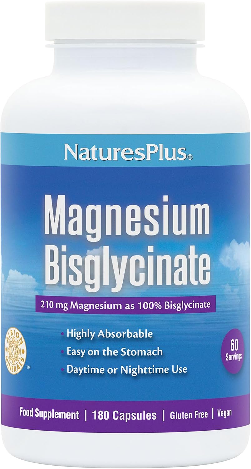 NaturesPlus Magnesium Glycinate Capsules – Gentle Magnesium Supplement, Active Bisglycinate Form – Sleep, Relaxation, Stress Support – Vegan, Gluten Free – 180 Capsules