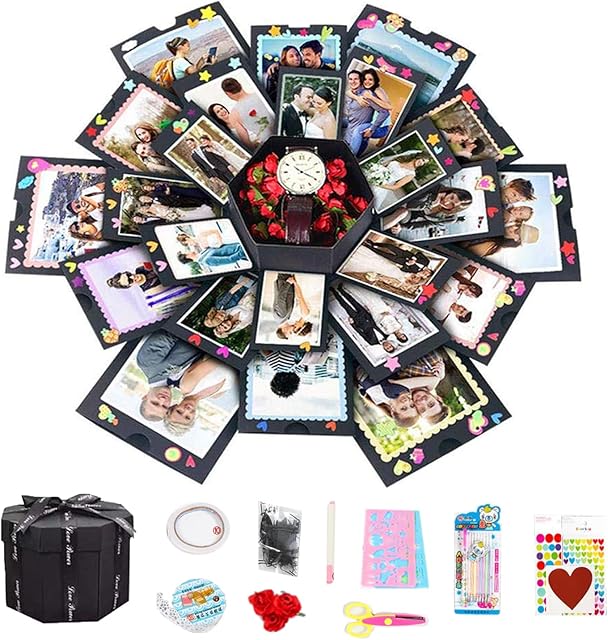 Explosion Box Photo, Black Explosion Box with 6 Faces, Surprise DIY Explosion Gift Box, for DIY Photo Album Scrapbook, Birthday, Valentine's Day, Wedding Memorial