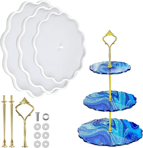 Hsxxf - Moldes de soporte para tartas de 3 niveles para resina, molde de bandeja de resina de silicona para tartas de resina epoxi con un juego de