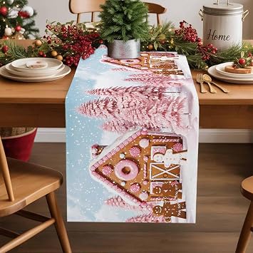 Winter Table Runner Dreamy Ginger-Cake People Christmas Tree Non Slip Table Runners Dresser Scarves, Tabletop Cover Decor for Kitchen Dining Home 13"x48"
