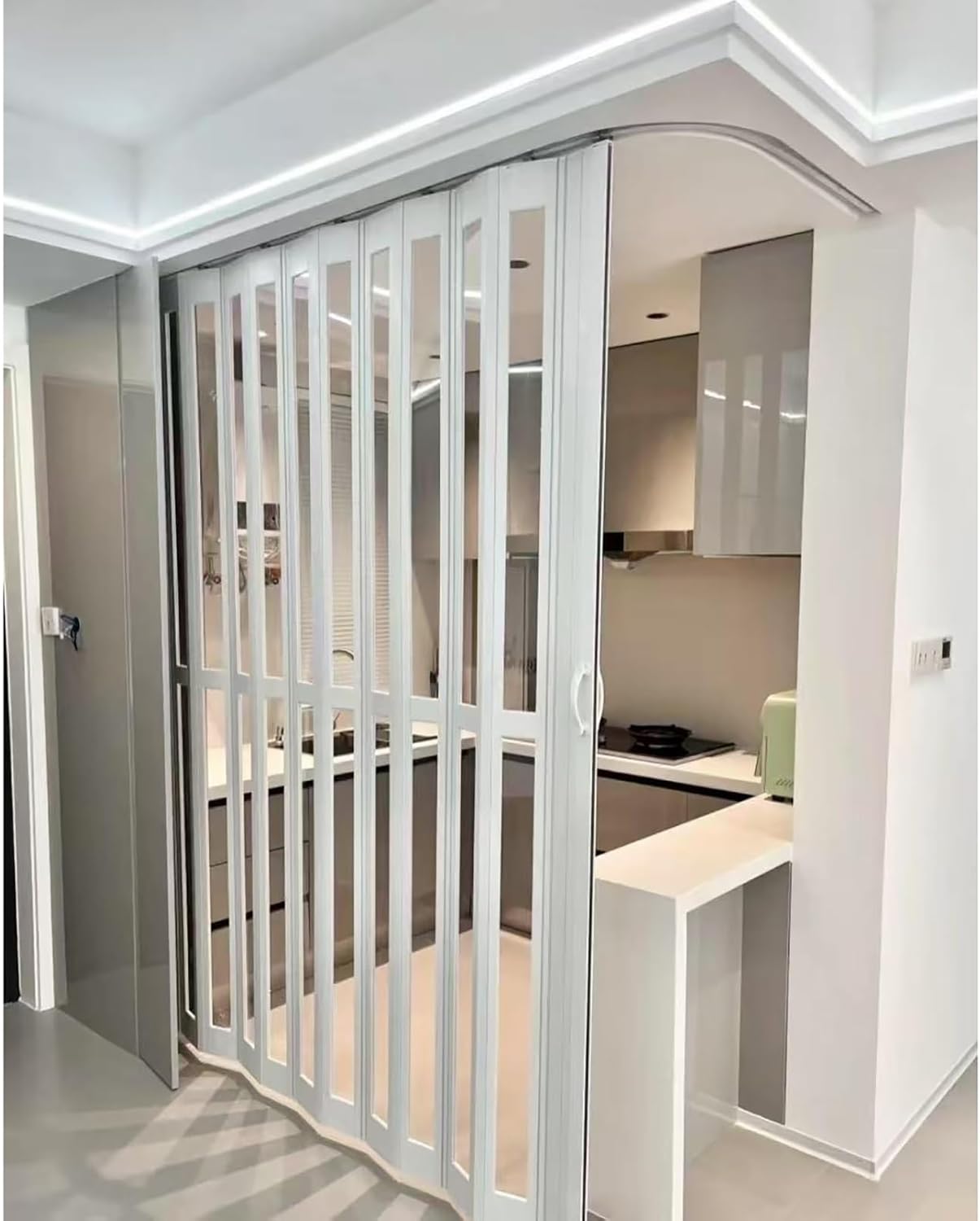 White Accordion Door - Retractable Multifold Interior Closet Door, 24-80" Wide, Folding Room Divider for Bedroom/Kitchen, Includes Handle, 34x80 Size