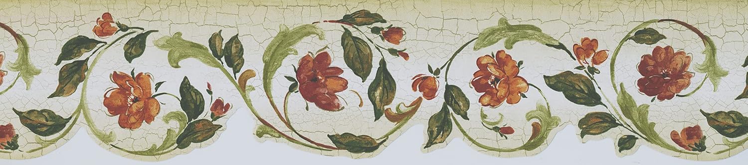 CONCORD WALLCOVERINGS ™ Wallpaper Border Floral Pattern Flowers Leaves, Die Cut Edge for Bedroom Kid's Bedroom Living Room Kitchen Dining Room, Green Red Yellow Cream, 5 Inches by 15 Feet FCM47011DC