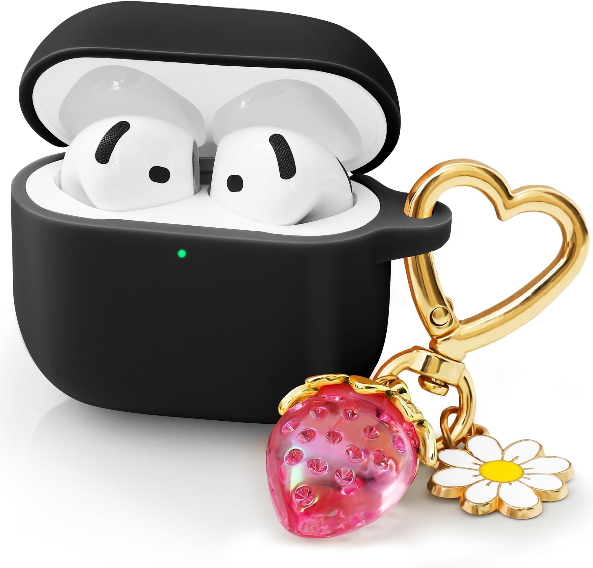 for Airpods 4 Case 2024 with Cute Keychain for Women Girly, Soft Silicone Protective Apple AirPods 4th Generation Cases Cover for Airpod iPod 4th Gen, Anti-Scratch, Front LED Visible, Black