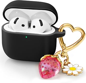 for Airpods 4 Case 2024 with Cute Keychain for Women Girly, Soft Silicone Protective Apple AirPods 4th Generation Cases Cover for Airpod iPod 4th Gen, Anti-Scratch, Front LED Visible, Black