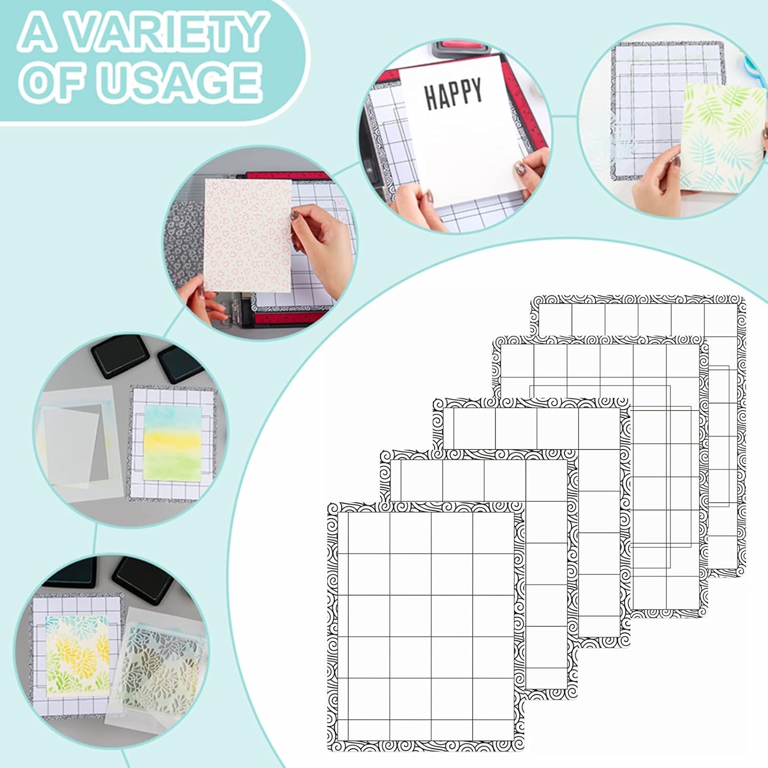 Briartw 5 PCS Low Stick Mat Sticky Non-Slip Flexible Gridded Stamp Mats, 2 Standard and 3 Mini Multi-Use Low Tack Mat for Stamping Platform Adhesived Sheet Stamp Scrapbooking Craft Accessory