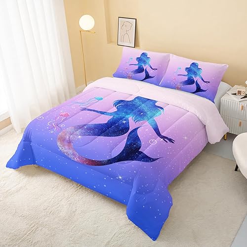 Miniatura 2 de QOOMO Edredón de Sirena Tamaño Full, Juego de Edredón de Sirena Oceánica para Niños Adolescentes Niñas, Juego de Ropa de Cama de 3 Piezas Edredón