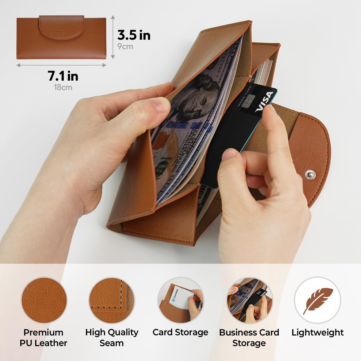carrotez All-in-One Long Bifold 2-Tier PU Leather Wallet for Women, Money Organizer for Travel, Budgeting, Cash Envelope Wallet for Carrying Cash, Credit Cards & Business Cards - Brown - Image 4