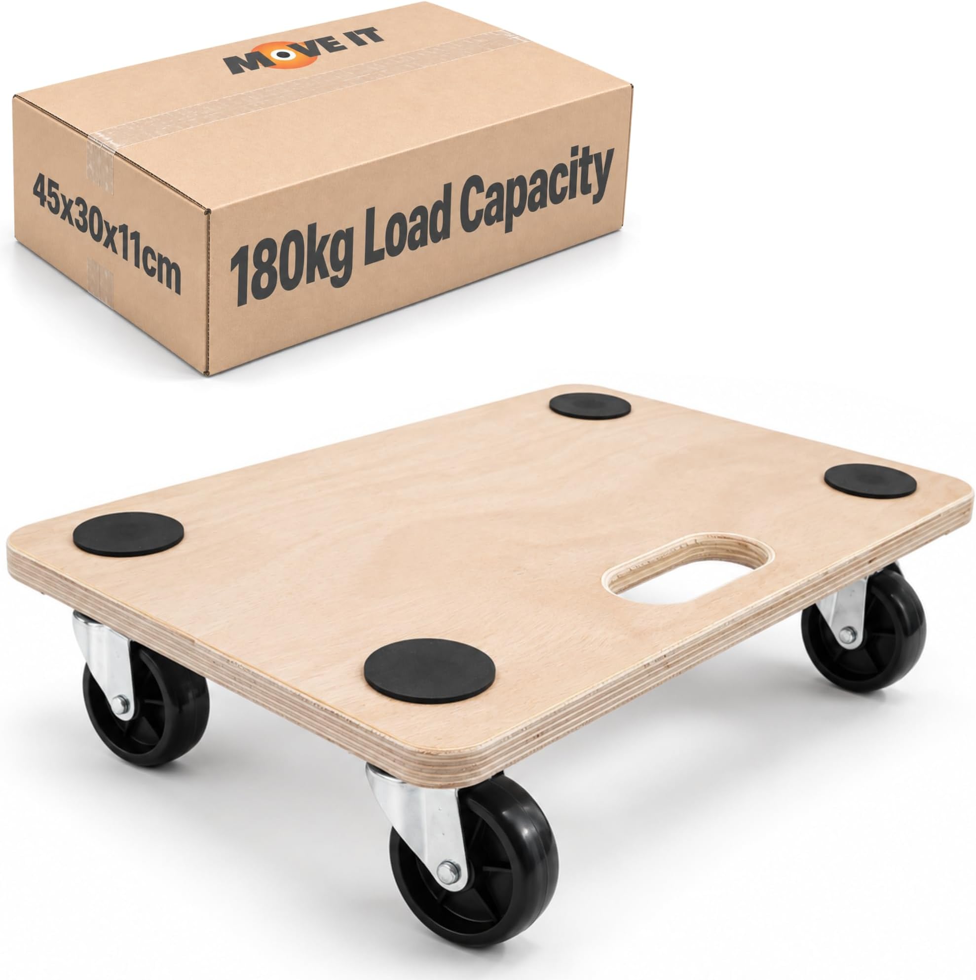Move-It Platform Dolly With Grip Pads, Heavy-Duty Anti-Slip Transport Roller Trolley For Moving Furniture & Equipment, 180kg Load Capacity, Wooden (45x30cm)