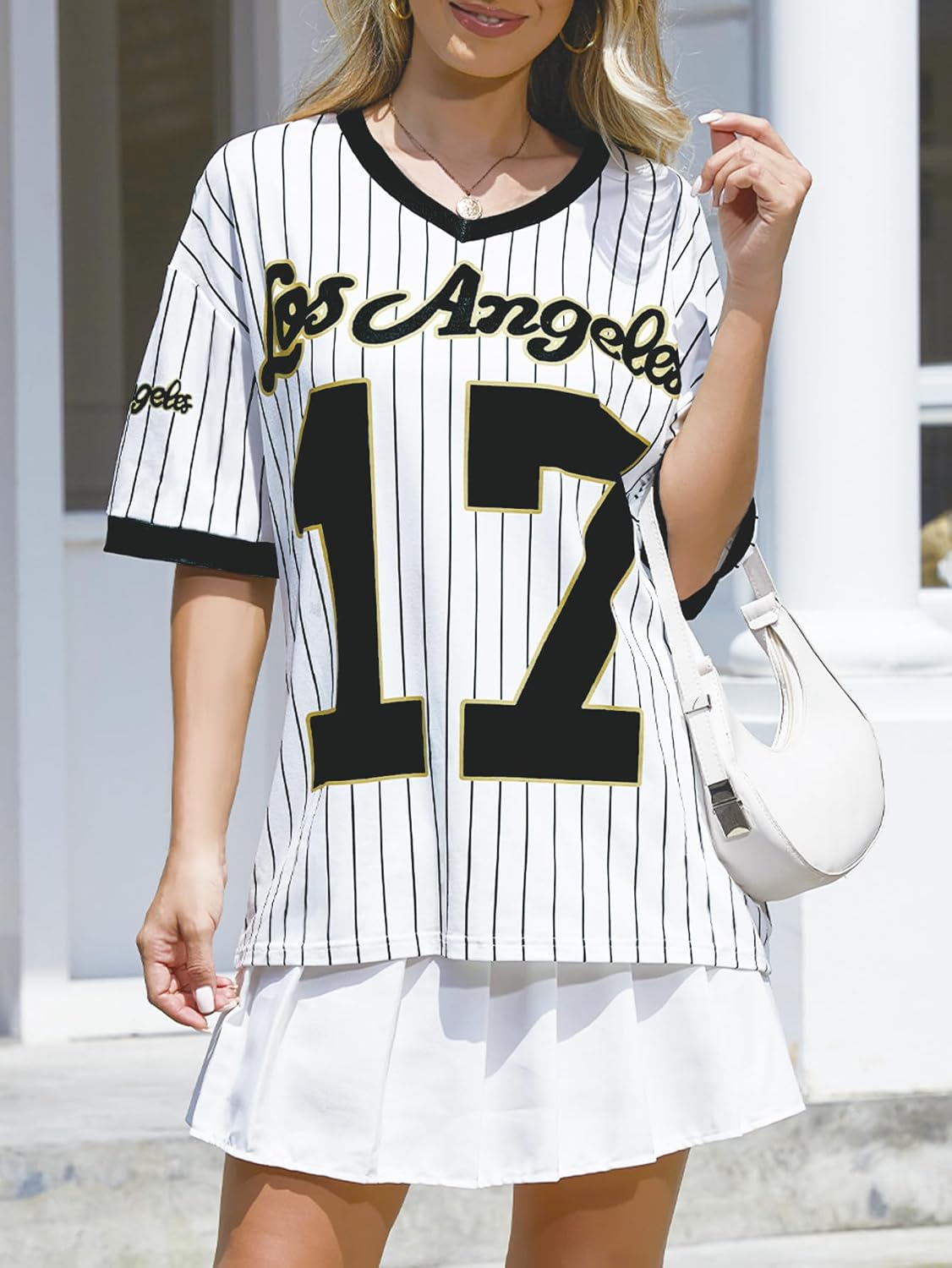 Oversized Jersey Shirts for Women Y2k Baseball Striped Number Graphic Tees V Neck Tshirt Casual Streetwear Tops - Image 2