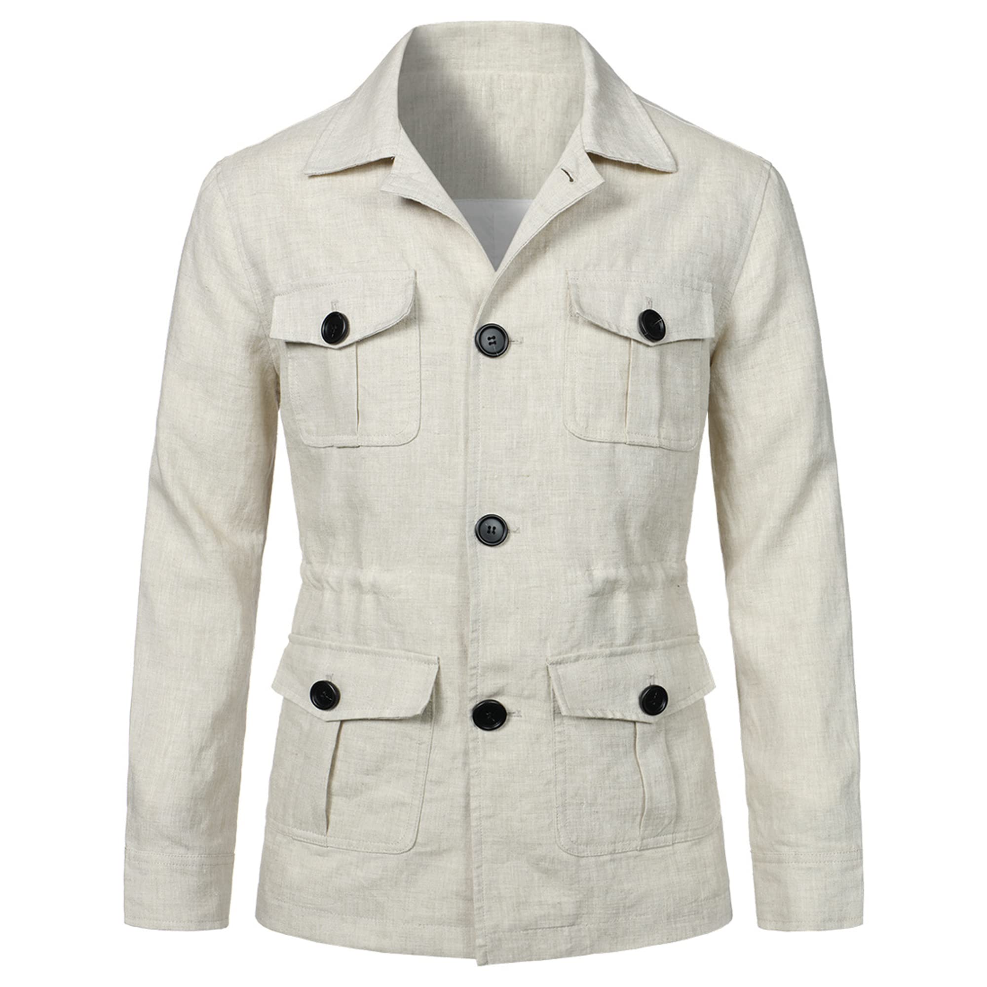 Legou Veste pour homme avec revers en lin et veste de travail multi-poches, ecru, XXXL