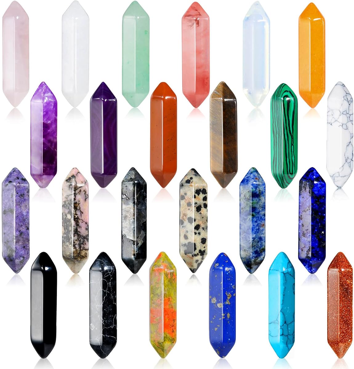 24Pcs Healing Crystals Stones Sets, Hexagonal Bullet Shaped Reiki Meditation Gemstone Chakra Stones Tiger Eye Obsidian Quartz Crystals Gemstone Wand Set Pendants with Storage Box