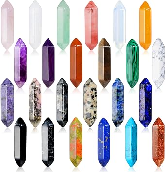 24Pcs Healing Crystals Stones Sets, Hexagonal Bullet Shaped Reiki Meditation Gemstone Chakra Stones Tiger Eye Obsidian Quartz Crystals Gemstone Wand Set Pendants with Storage Box
