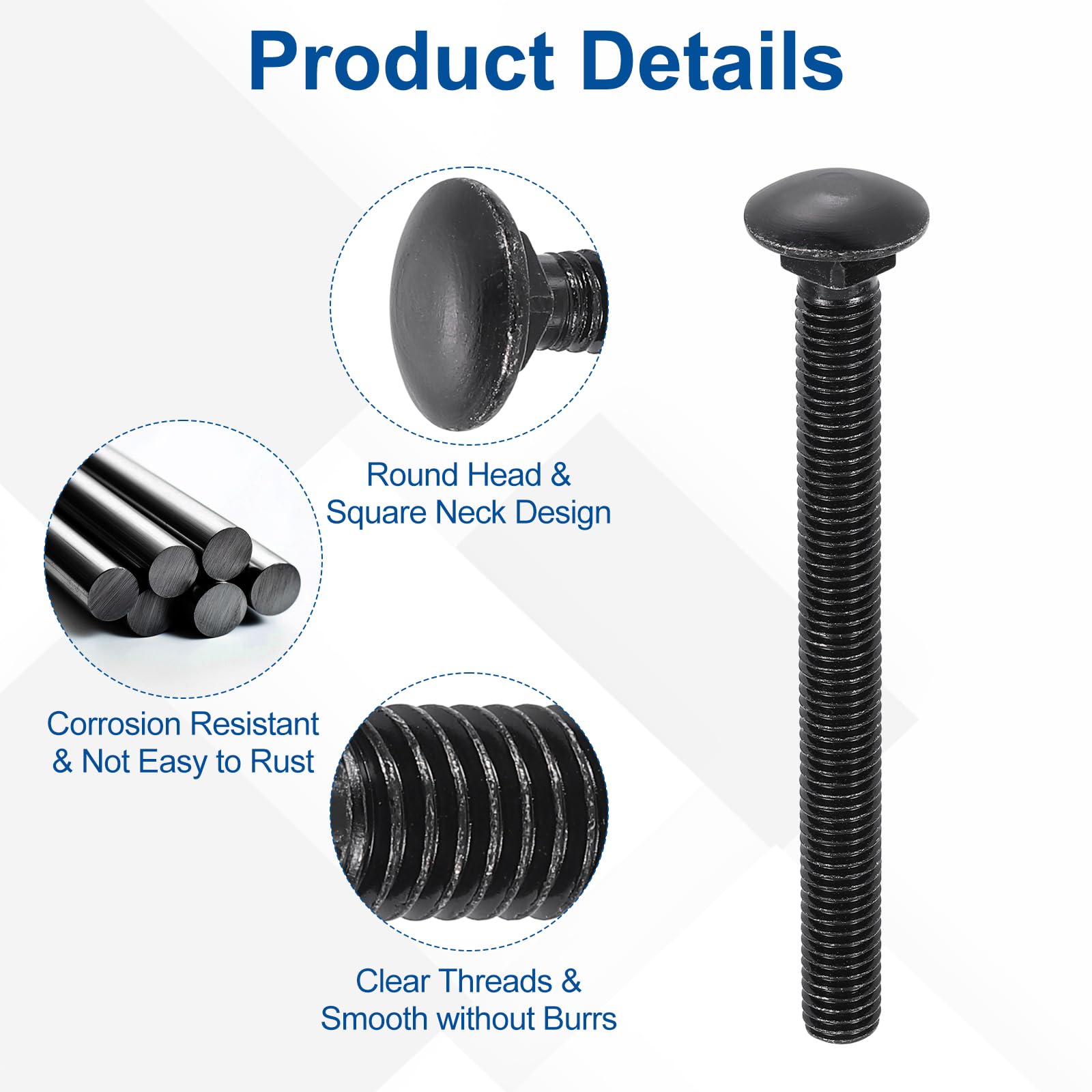 QUARKZMAN 10Pcs Bulloni A Testa Tonda Con Collare Quadrato 1/2"-13x5" Nero