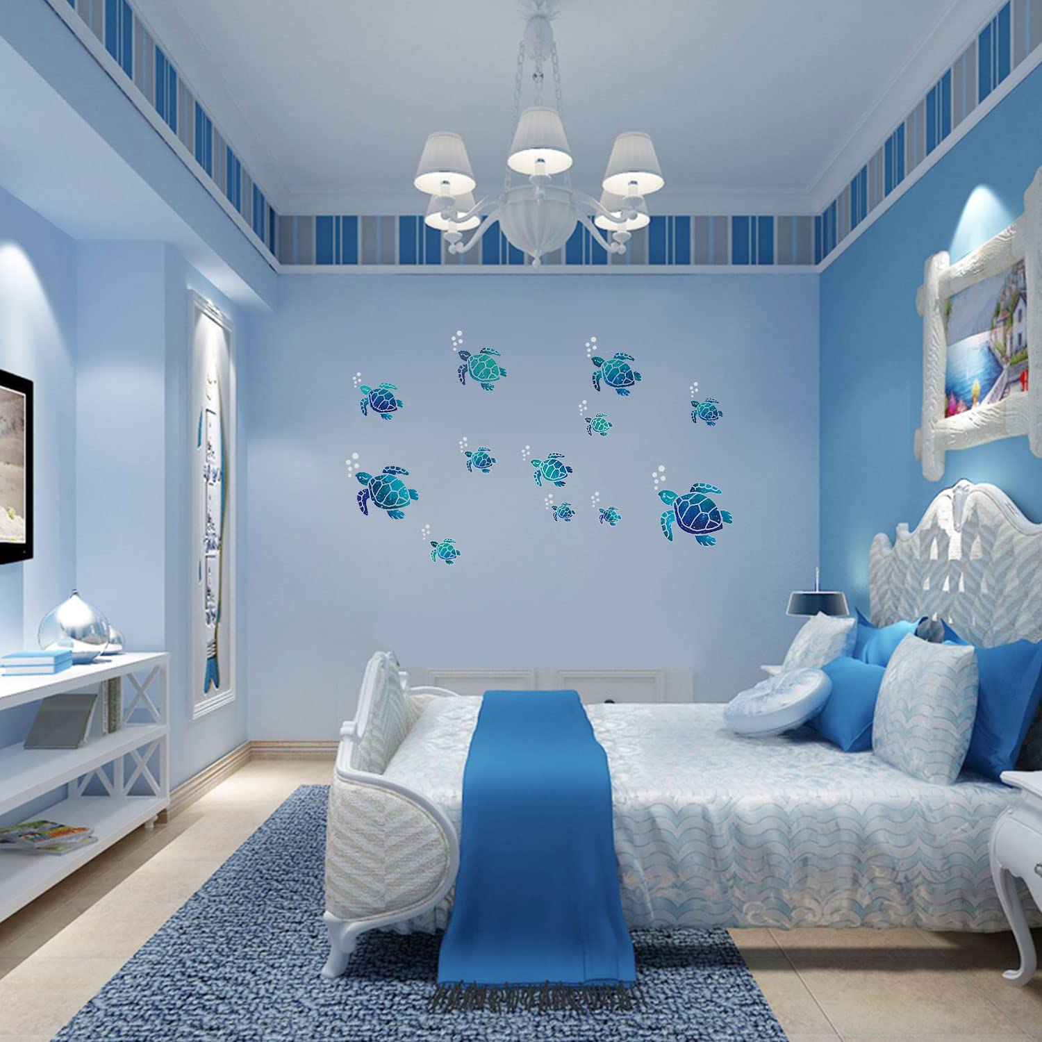 VIKSAUN 12 Pièces Tortue de Mer Bleue Stickers Muraux Décoration Autocollant Mural DIY Autocollant Muraux pour Des gamins Chambre pour Maison Bureau Salon Mur Salle de Bains (12 Pcs)