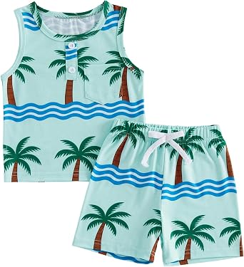 Toddler Baby Boy Summer Clothes Beach Outfit Pattern Print Sleeveless Shirt Tank Top And Elastic Waist Shorts Set