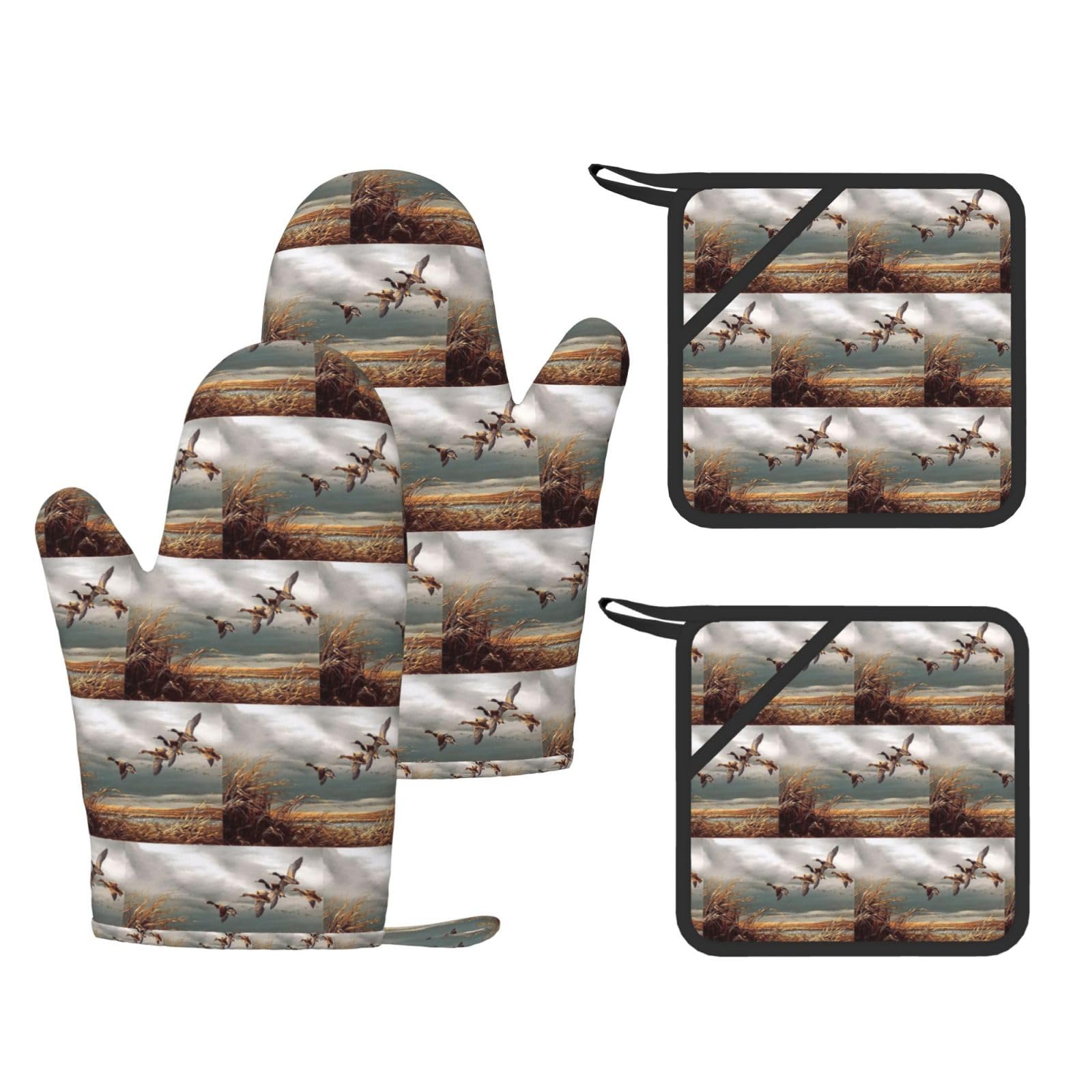 Hunting Flying Wild Ducks Printed Potholder and Oven Mitt Set of 4, High Heat Resistant Cooking Gloves for BBQ Grilling