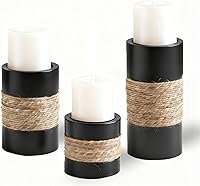 Vista 7 de Portavelas de pilar de madera natural, 3 portavelas rústicos, portavelas decorativos con acento de cuerda natural, portavelas de madera envejecida